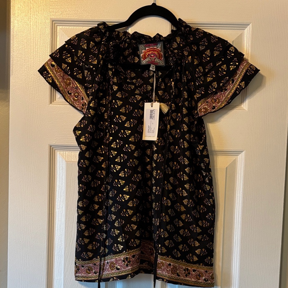 Johnny Was Black and Gold Geometric Blouse